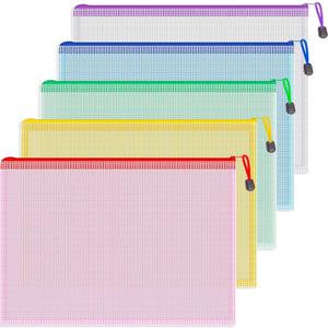 Koogel 5PCS Mesh Zipper Pouches, Zipper File Bags Poly Zip Envelopes Waterproof Puzzle Bags for A4 Paper Travel Office School Cosmetics