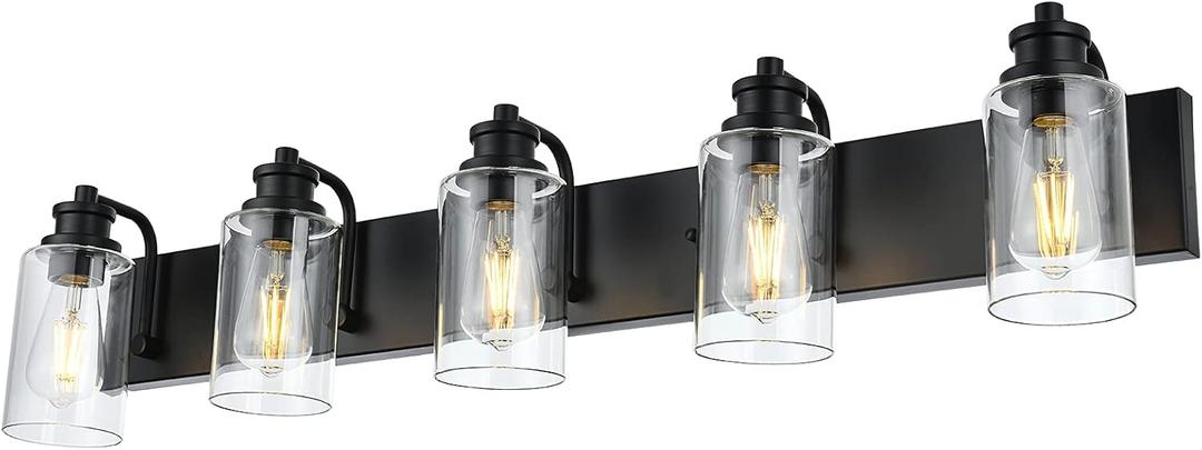 5-Light Black Bathroom Vanity Lights, 37" Modern Farmhouse Wall Sconces with Clear Glass Shade, Bathroom Wall Lamp for Mirror Bedroom Hallway Living Room Cabinet