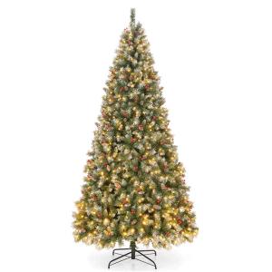 9-ft Artificial Christmas Tree Hinged with 650 Warm LED Lights and 309 Red Berries