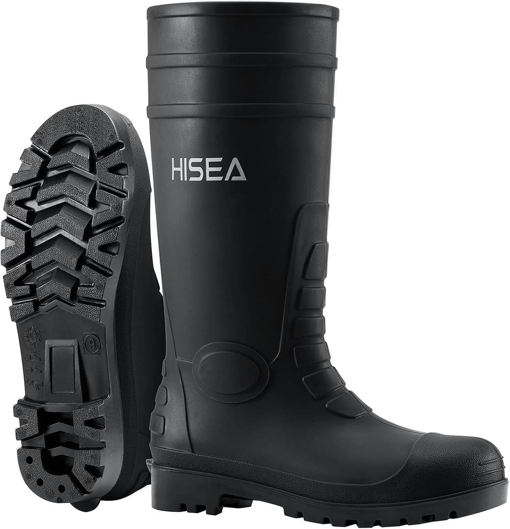 HISEA Men's Steel Toe Rain Boots PVC Rubber Boots, Waterproof Garden Fishing Outdoor Work Boots, Durable Slip Resistant Knee Boots for Agriculture and Industrial Working (11, Black)