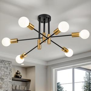 6-Light Modern Sputnik Chandeliers, Black Gold Semi Flush Mount Ceiling Light Fixture, Industrial Farmhouse Kitchen Lighting Fixtures Ceiling Mount for Living Room Bedroom