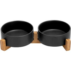 SPUNKYJUNKY Ceramic Dog and Cat Bowl Set with Wooden Stand, Modern Cute Weighted Food Water Set for Small Size Dogs (13.5OZ) & Medium Sized Dogs (28.7OZ) & Cats (1.7 Cups, 2  Black)