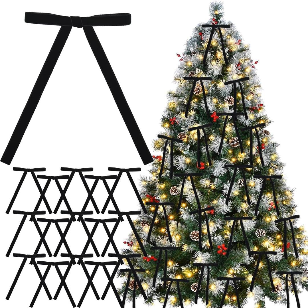 Jutom 24 Pcs Tree Bows Decoration Black Satin Bows Ornaments with Faux Pearl Beads for Tree Birthday Party Holiday Decor, 3.94x7.87inch