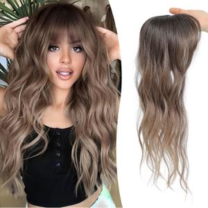 Fine Plus 360 Cover Mini Hair Topper With Clip in Bangs - Synthetic Wavy Hair Extensions for Women - French Clip for Daily Wear (Rich Brown With Dark Root)