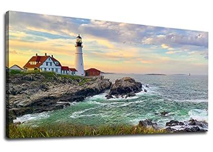 tigeridge Portland Head Light Wall Art Sunset Lighthouse Canvas Wall Art for Living Room Ocean Canvas Pictures Seascape Artwork Canvas Prints Office Home Wall Decor Framed Ready to Hang 30" x 60"
