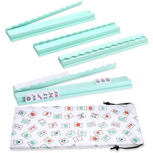 50cm Mahjong Racks with Pushers, Light Blue Wooden American Mahjong Tile Pushers & Racks Set of 4, with White Printed Mahjong Racks Drawstring Bag, Mahjong Accessories, 50 x 6.5 x 2.7 cm