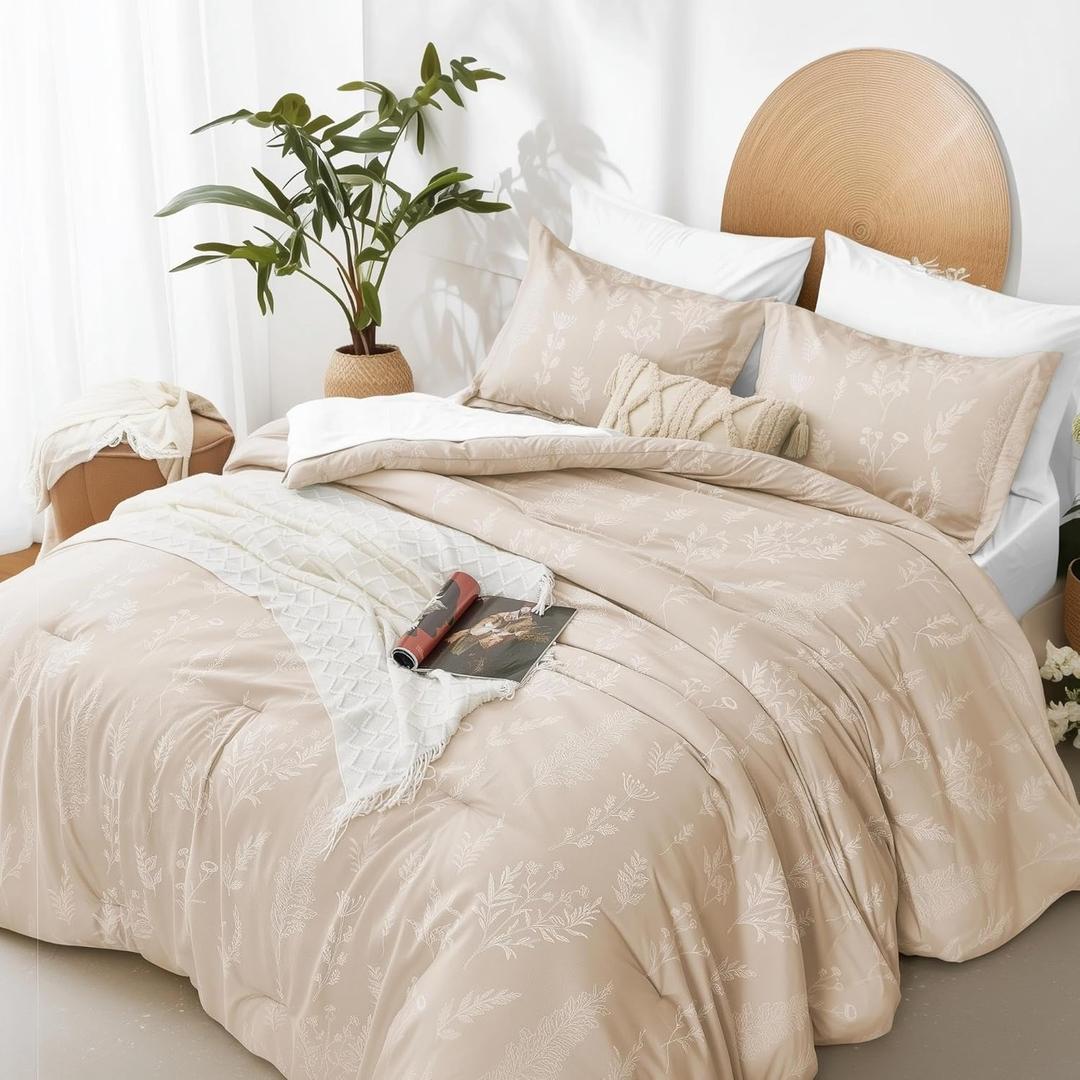 Kozyhvn Floral Comforter Set Queen Khaki, Cute Flower Bed in a Bag Queen Boho 7 Pieces, Soft Fluffy Bedding Sets with Comforter, Sheets, Pillowcases & Shams, All Season