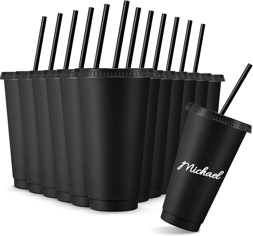 Amyhill 12 Pcs Reusable Cups with Lids and Straws 24 oz Plastic Tumbler Iced Coffee Cup Travel Mug for Smoothie Juices Birthdays Sleepover Party Supplies for Girls (Black)