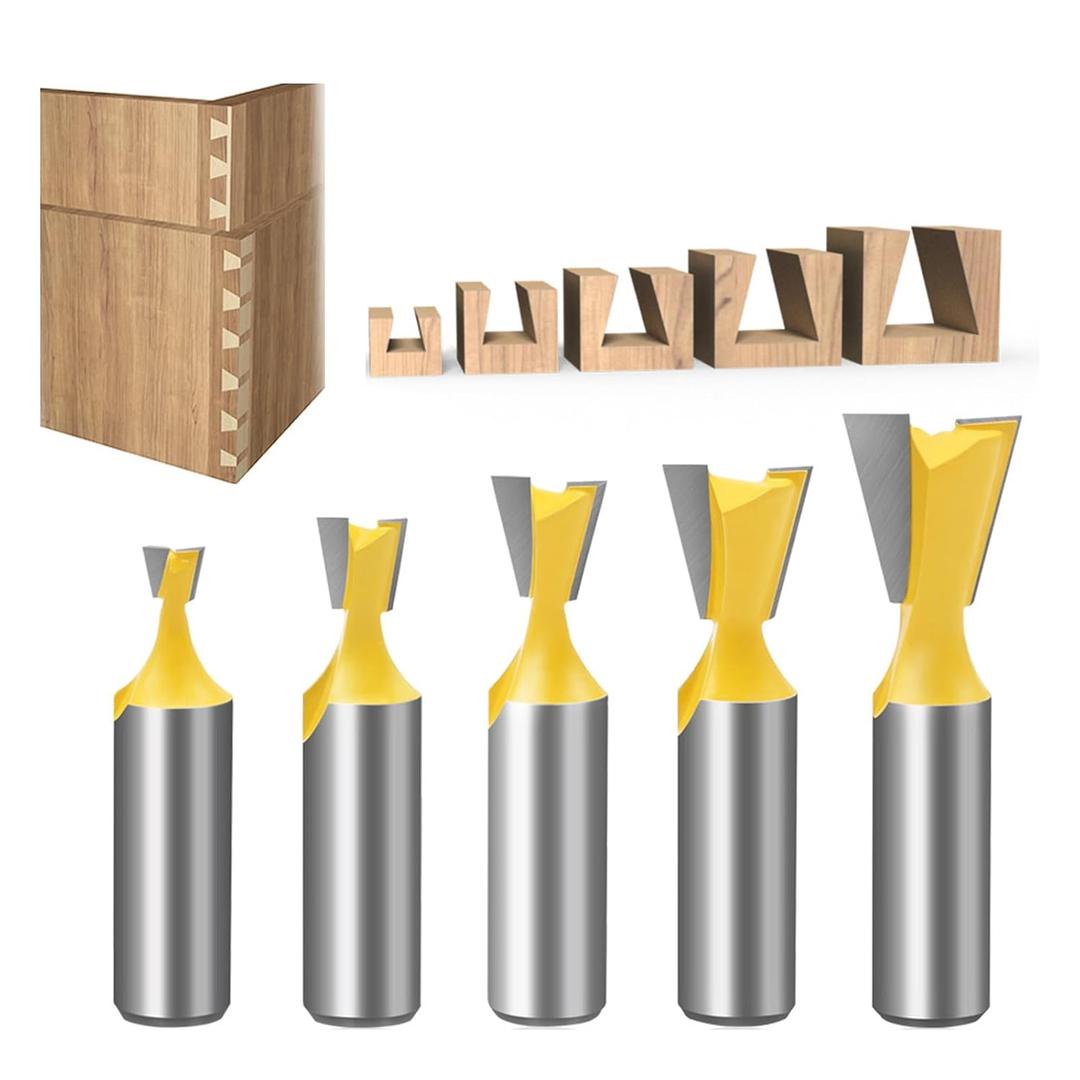5Pcs Dovetail Router Bit Set 1/2 Inch Shank Half-Blind & Through Dovetail Bits Wood Joints Cutter Tool for Making Boxes Drawers Chests For Engraving Router planning Head Wood Cutter