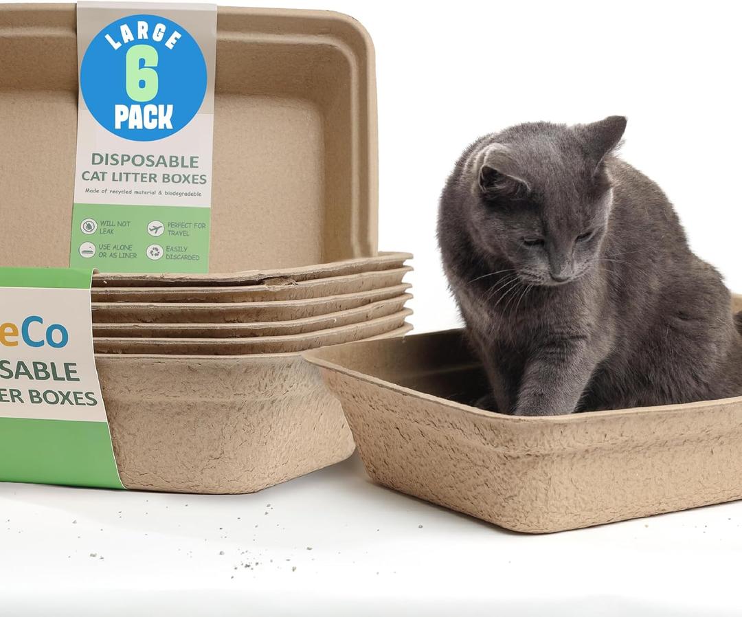 CallieCo Disposable Cat Litter Boxes - Portable Biodegradable Travel Litter Box for Cats, Sturdy and Durable Kitty Poo Box, Leak-Resistant Cat Tray Liners, Easy-Grip Rim, Large - 6 Pack