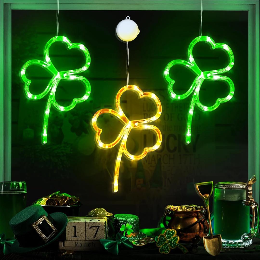 [Timer] 3 Pack St Patricks Day Decorations Shamrock Window Lights Battery Operated with Suction Cup & Hook, Saint Patricks Day Lucky Gold Green Clover Lights for Indoor Outdoor Party Irish Decor