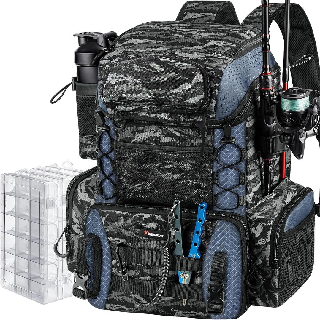 Piscifun Fishing Tackle Backpack with Rod Holders & 4 Tackle Boxes, 42L Outdoor Fishing Bag with Waterproof Rain Cover (Balck Camouflage)