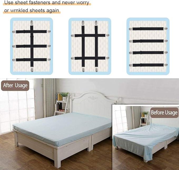 Adjustable Bed Sheet Straps Clips, Elastic Mattress Sheet Fasteners Holder and Suspenders, Grippers to Hold Sheet, Mattress, Sofa, Couch, Table Cloth, Ironing Board Cover, 8Pcs, Black