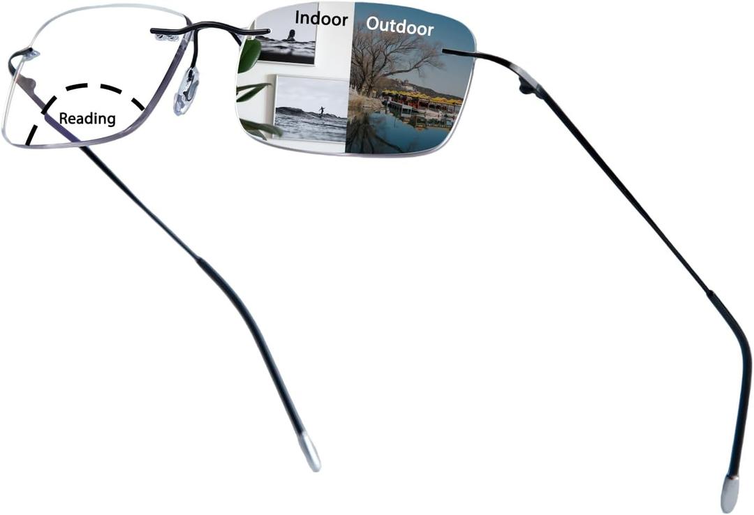 Rimless Transition Photochromic Bifocal Reading Glasses For Men and Women UV Protection Sunglasses Readers Titanium 2.0