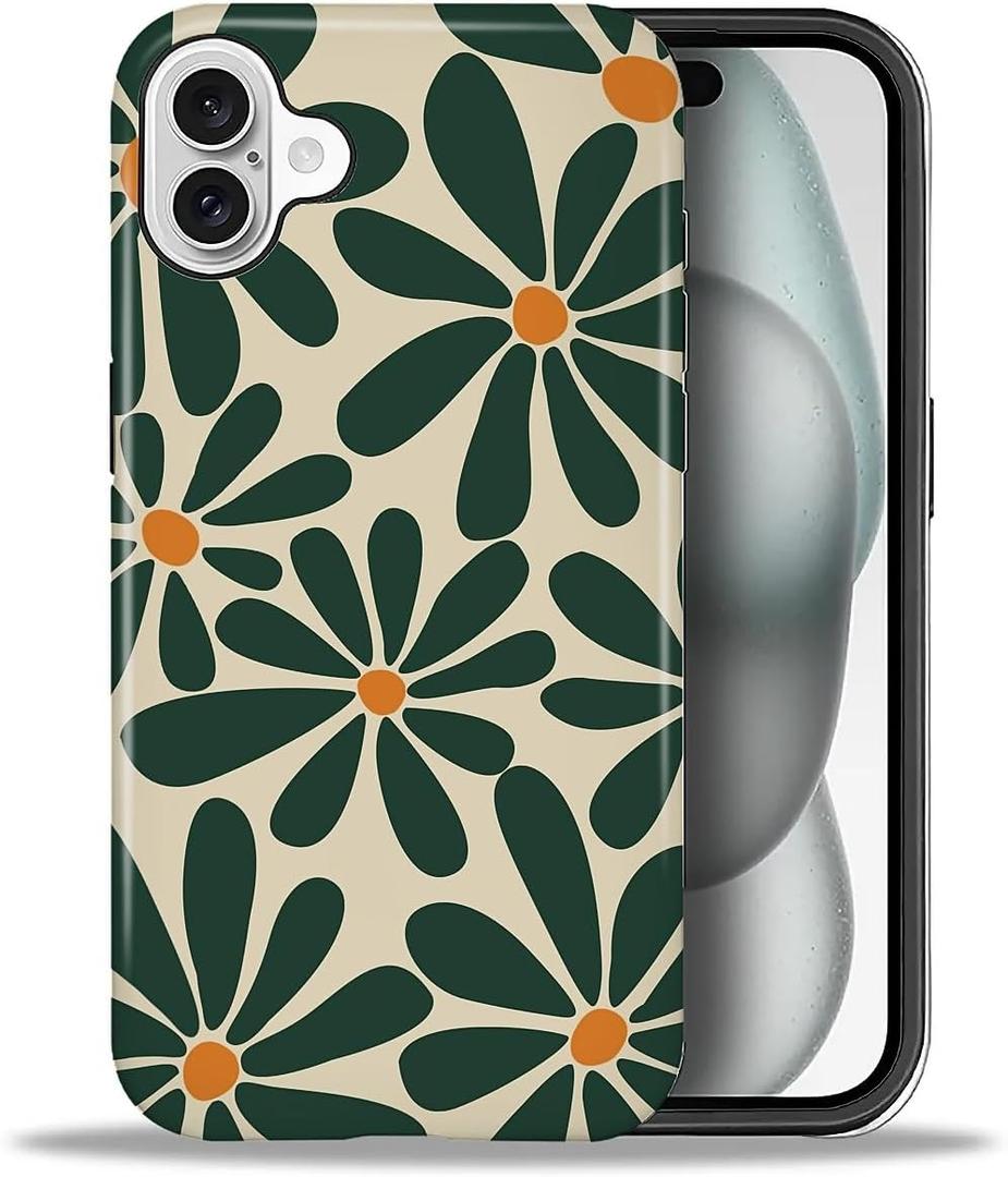 CARLOCA Case for iPhone 16,Green Retro Abstract Floral Design Hybrid Dual Protection Soft TPU Hard PC Shockproof Anti-Scratch Cover Men Women Stylish Protective Phone Case