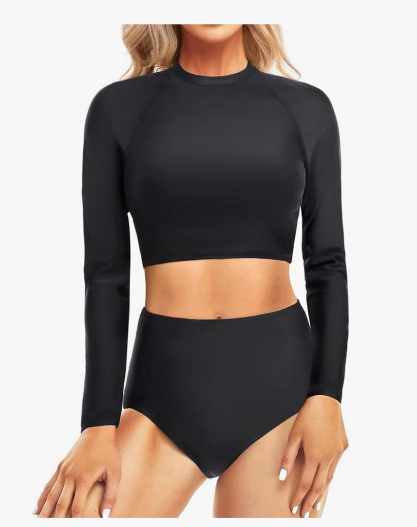 Pinup Fashion Long Sleeve Rash Guard - 2 Piece Swimsuit Bathing Suits with Bottom Swim Top UV UPF 50+ S