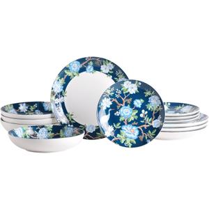 222 Fifth Nightingale 12-Piece Porcelain Dinnerware Set  Service for 4, Bohemian Blue Floral Design, Perfect for Everyday Dining & Entertainment, Microwave & Dishwasher Safe