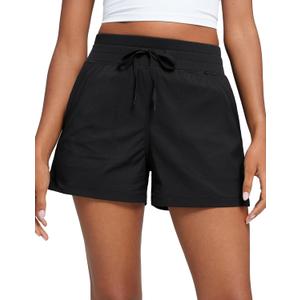 CRZ YOGA Lightweight Casual Shorts for Women 3.5" - High Waisted Linerless for Athletic Lounge Hiking with Zip Pockets (Black, L)