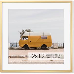 12x12 Metal Picture Frame with 10x10 Mat, Brushed Aluminum Finish, Attached Hanging Hardware, and Tempered Glass Front - Versatile Vertical or Horizontal Wall Display Frames Set of 1 - Gold