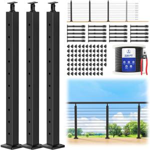 CKE 10-15ft Complete Set 36" Cable Railing Post Kit, 3Pack Adjustable Top Level Drilled Line Posts(35"x2"x2"), 220ft 1/8" Wire Rope, Black Swageless Invisible Cable Railing Kit (No Handrail) LPS01