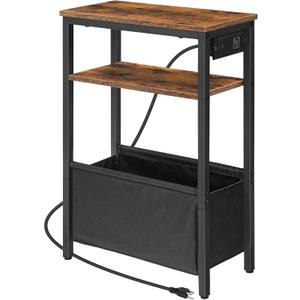 HOOBRO Small Narrow Side Table, Skinny End Table with Charging Station, Extra Slim Nightstand with Storage for Small Spaces, Thin End Table for Living Room, Rustic Brown and Black BF125UBZ01
