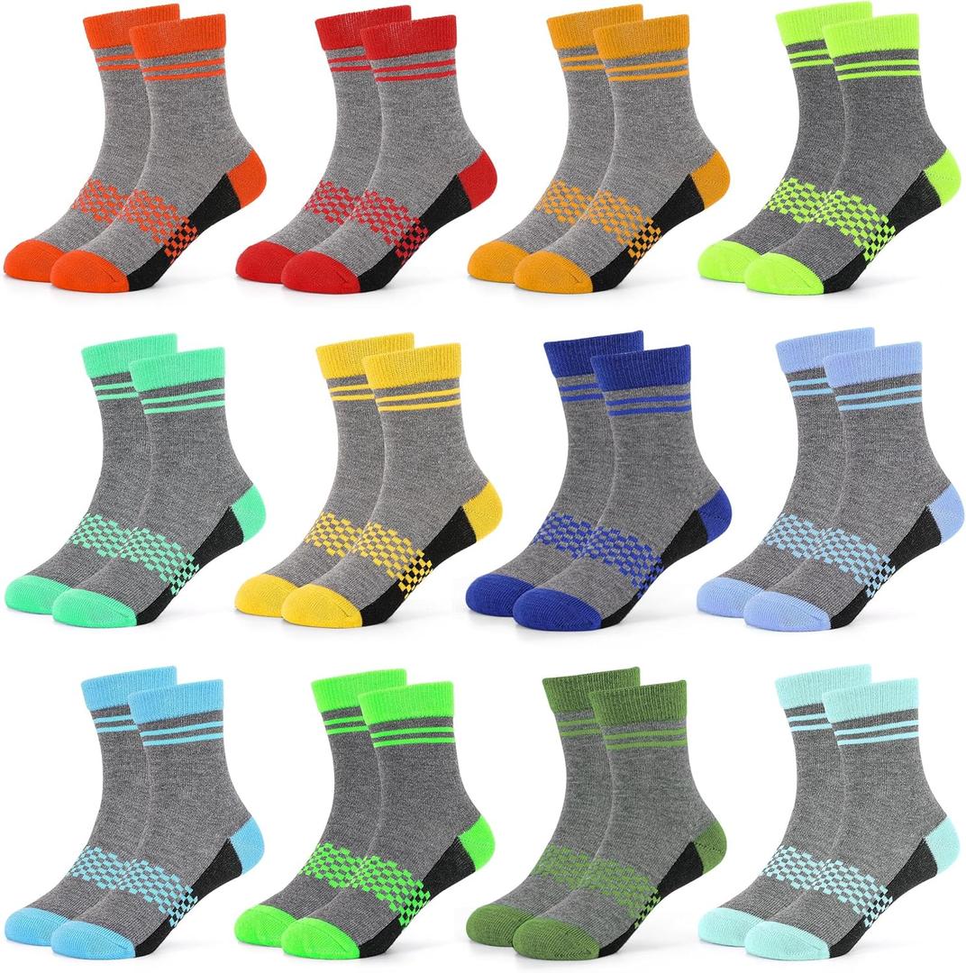GENTABY Boys Girls Crew Socks-12 pairs Athletic Colorful Cushioned Comfortable Soft Socks For Active Kids Aged 4-6