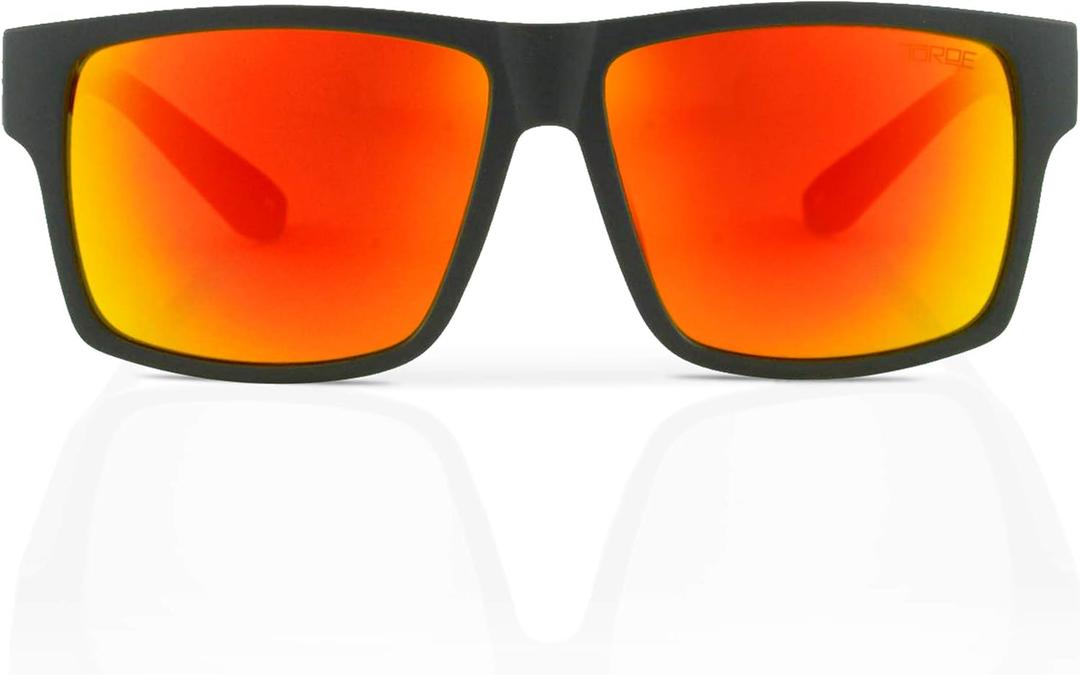 TOROE Range Polarized Classic Square Sunglasses - Ultralight Durable TR90 Frame with Hydrophobic Mirrored Lenses (Matte Black | Sunrise)