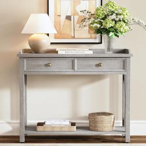 40" Console Table with Drawers, Entryway Table with Charging Station, Mid Century Console Table with Bottom Shelf, Wood Accent Sofa Table for Living Room, Hallway, Foyer, Drawers Pre-Assembled, Grey (Gray)
