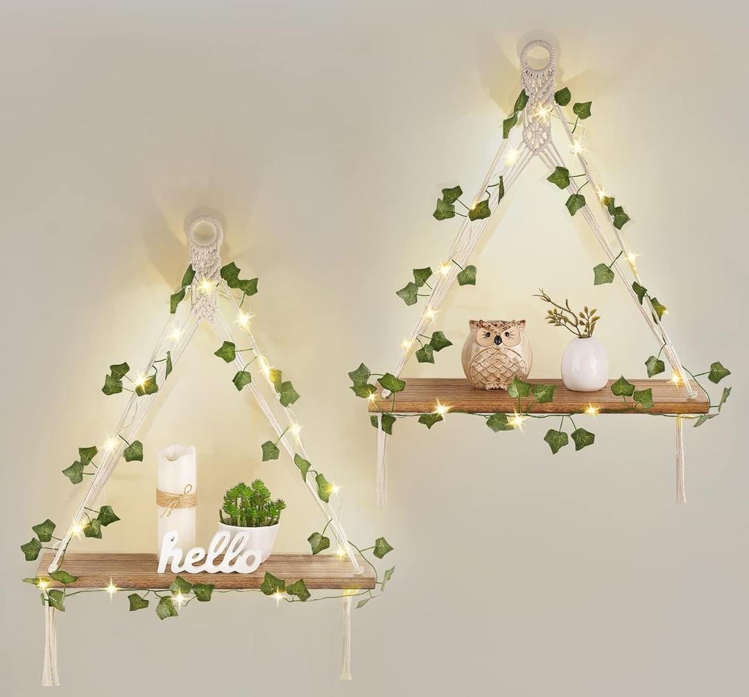 Mkono Artificial Ivy Macrame Hanging Shelves with Lights Set of 2 Boho Wall Decor Display Plants Photos Wood Floating Storage Shelf for Bedroom Bathroom Living Room Nursery Dorm Kitchen, White (Ivory)