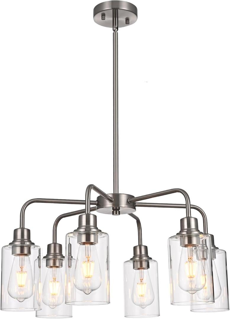 6-Light Modern Farmhouse Brushed Nickel Chandelier, Dining Room Light Fixture Over Table Adjustable Height Hanging Industrial Pendant Lights Kitchen Island, Clear Glass Shade