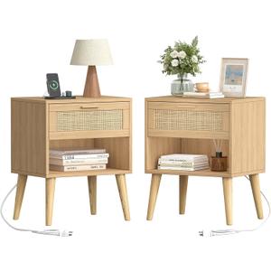 Keehusux 17.7" W x 15.7" D Rattan Nightstand Set of 2, Night Stand with Charging Station, Bedside Table with Open Shelf & Solid Wood Legs, Boho Night Stand with Drawer, End Table for Bedroom, Natural