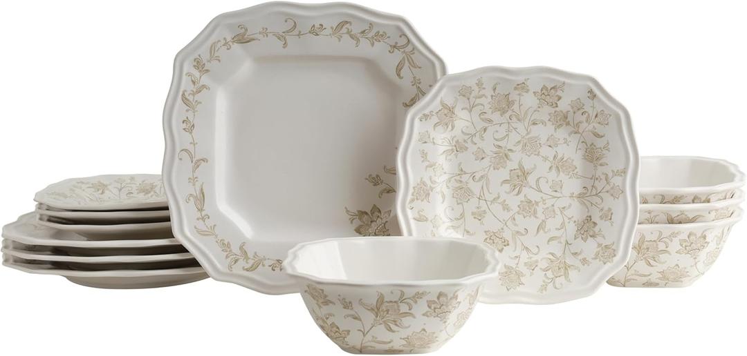 225 Fifth Batik Toile Taupe Porcelain 12-Piece Dinnerware Set  Service for 4, Includes Dinner Plates, Salad Plates & Cereal Bowls, Glossy Finish, Dishwasher Safe, for Everyday Dining & Entertainment