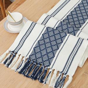 Rustic Table Runner with Tassels, Blue and White Bicolor Woven, Washable, 14"x72", Perfect for Entryway, Dining Room, Kitchen, Weddings, Holidays, and Party Decor