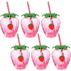 LemonRoad 17 oz Strawberry Shaped Cups with Lids and Straws Reusable Cute Drinking Cups Strawberry Water Bottles for Hawaiian Summer Party (6 Pcs), about 17 oz/ 500 ml
