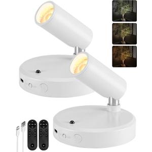 EZVALO Spot Lights Indoor, 5500mAh Rechargeable Picture Lights with Remote, Wireless Mini Art Accent Spotlights with Timer & Dimmable, 3-CCT, Uplights Indoor for Plants, Display (2-Pack-White)