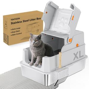 TENTIZON Stainless Steel Cat Litter Box with Lid, Large Covered Enclosed Kitty Litterbox with Hood, Flip Top, High Side, Litter Mat, Scoop for Big Cats, Kitten, No Odor, No Mess, Easy Clean, Grey (XL)