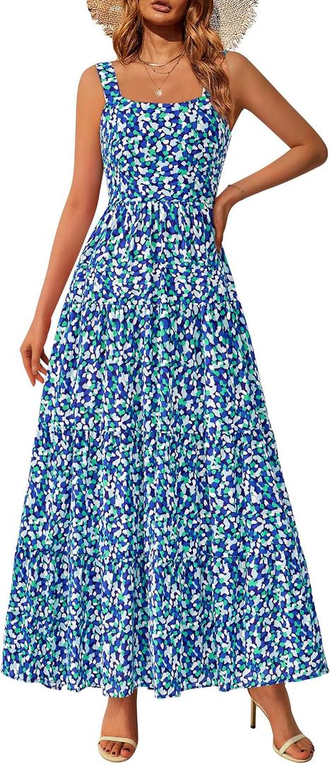 PRETTYGARDEN Womens 2026 Summer Dresses Fashion Clothing Floral Maxi Dress Ruffle Long Flowy Boho Beach Vacation Sundresses (Blue, XXL)