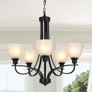 VINLUZ 5 Light Farmhouse Chandelier Classic Pendant Lighting Black Finish with White Frosted Glass Shades for Kitchen Dining Room Living Room