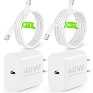 40W iPhone17/16 Pro Max Charger Fast Charging, 2Pack USB C Fast Charger Block for iPhone 17/16 Pro Max/15 Series/iPad Pro and More, PD 3.0 Wall Charger with 6FT+10FT USB C to C Cable