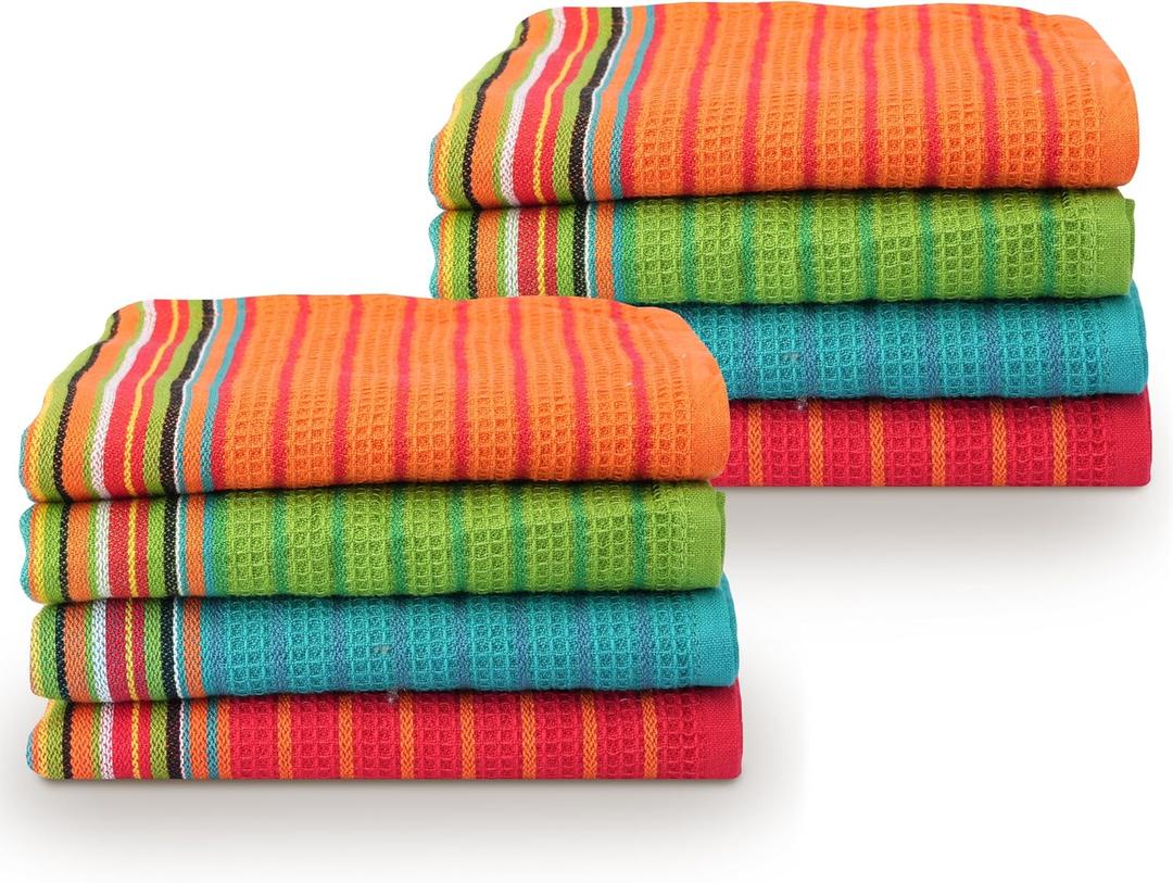 TEXAS LINEN CO. Kitchen Dish Towels, 100% Cotton Salsa Towels, Set of 8 (16x28 Inches), Multi Purpose Cooking Drying Restaurant Bar Cleaning Cloth Napkin, Highly Absorbent, Lint Free, Multi-Color