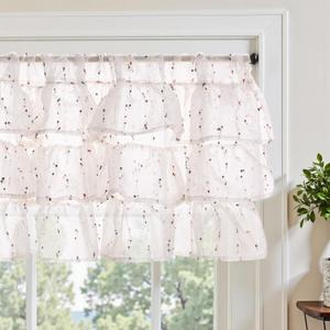 jinchan Ruffled Valance for Windows 18 Inch Mini Pom-Pom Voile Valance Curtains Pom-Pom Semi Sheer Shabbychic Samll Window Treatment for Kitchen Bedroom Living Room Rod Pocket 1 Panel Red (*Dottie Ruffled Blush Meadow)
