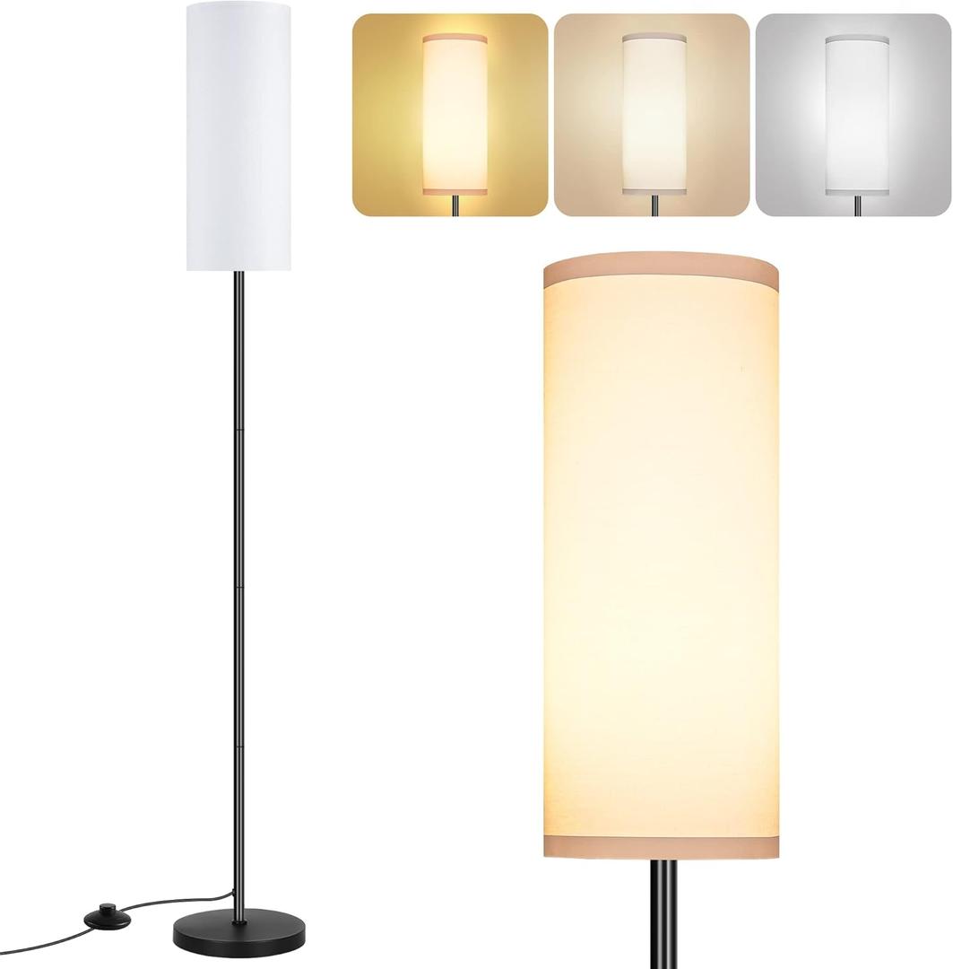 PARTPHONER Modern Standing Lamp with Lampshade, Minimalist Tall Lamp with Foot Switch for Living, Bedroom, Kids Room, Office (White)