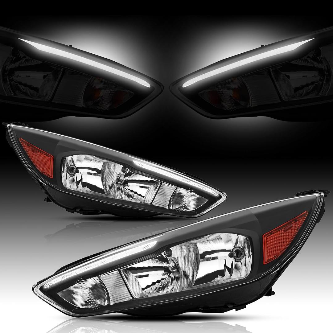 Headlights Assembly compatible with 2015-2018 Ford Focus w/LED DRL Headlamp Driver & Passenger Side,Black Housing Amber Side