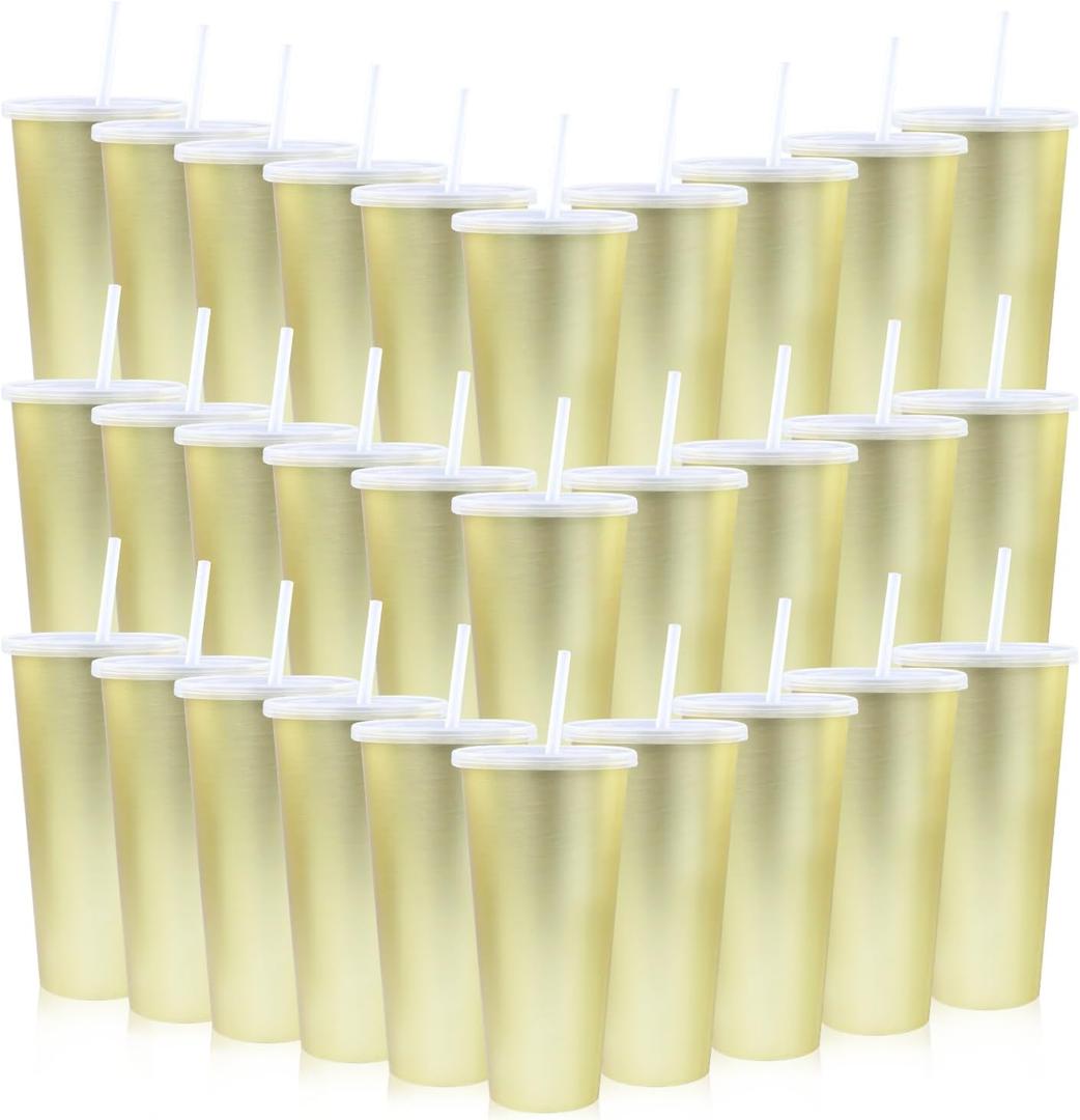 30 Pack Gold Plastic Cups with Lids and Straws, 24 oz Disposable Plastic Tumblers Iced Coffee Cups Travel Mug Cup for Juices Birthday Bachelorette Party Wedding (Gold,24 oz)