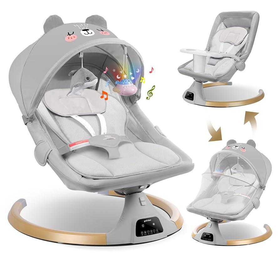Baby Swing for Infants to Toddler,3 in 1 Electric Remote Control Baby Bouncer for Infants with Detachable Dinner Plate,4 Gears Sway Time,Bluetooth Support Heavy Duty Base Baby Rocker for 0-24 Months
