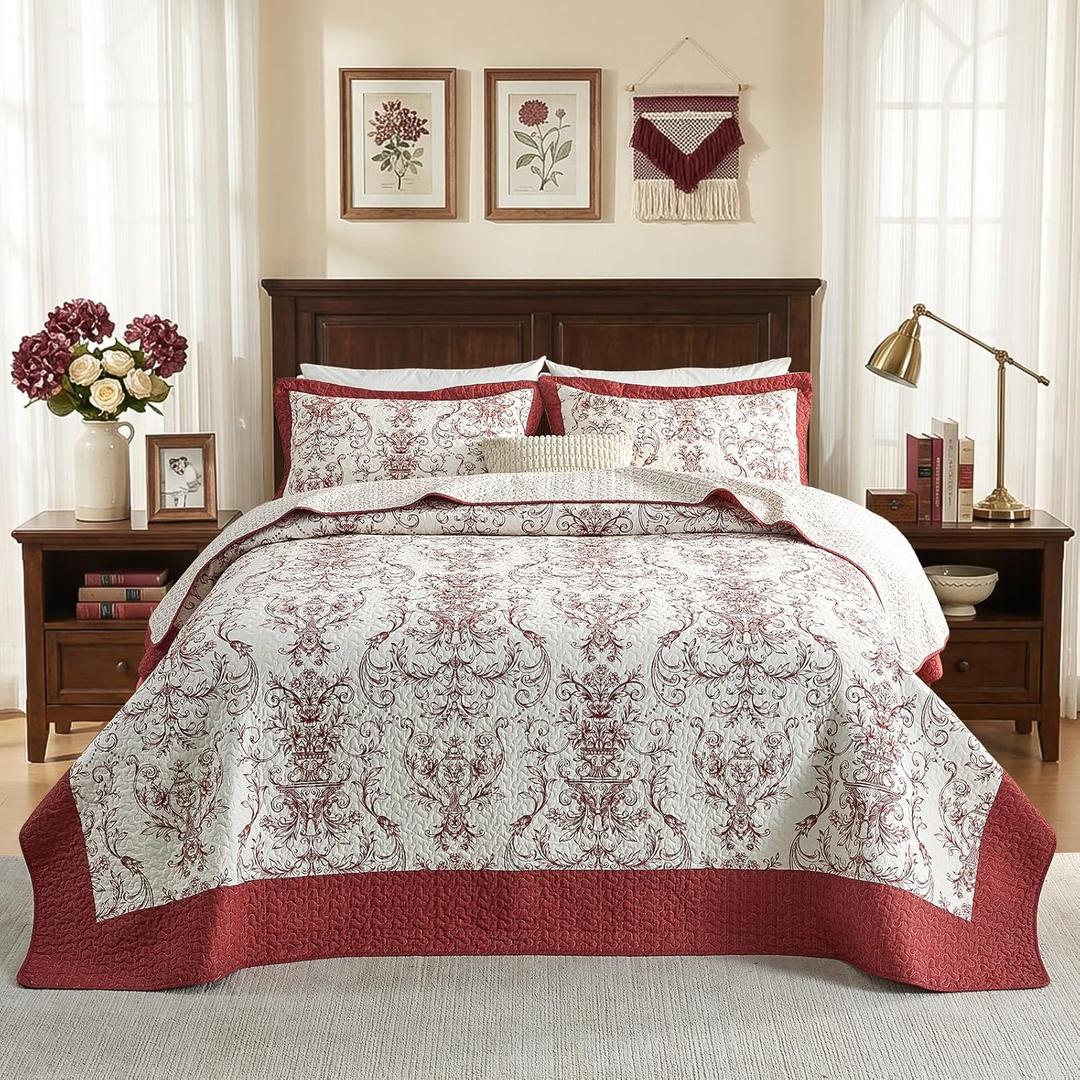 Vintage Floral Queen Bedspread - 102"x120" 100% Cotton Oversized Queen Quilt, French Country Damask Quilted Bedding Set Lightweight Soft Comforter All Season, 3 Piece, Burgundy/White