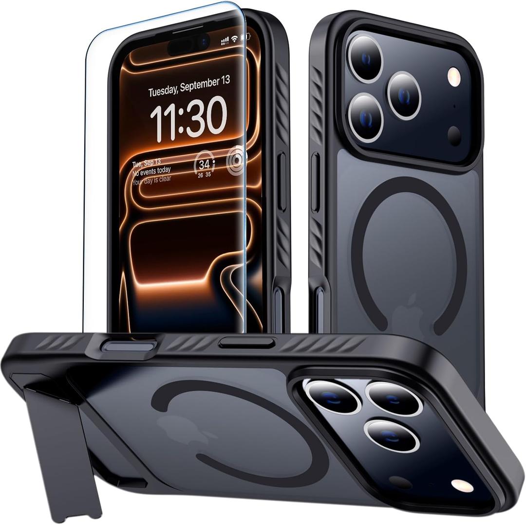 4 x MOZOTER for iPhone 17 Pro Case with Kickstand,[Compatible with MagSafe] [12FT Military Grade Protection] Slim Translucent Matte Shockproof Phone Case,6.3",Black