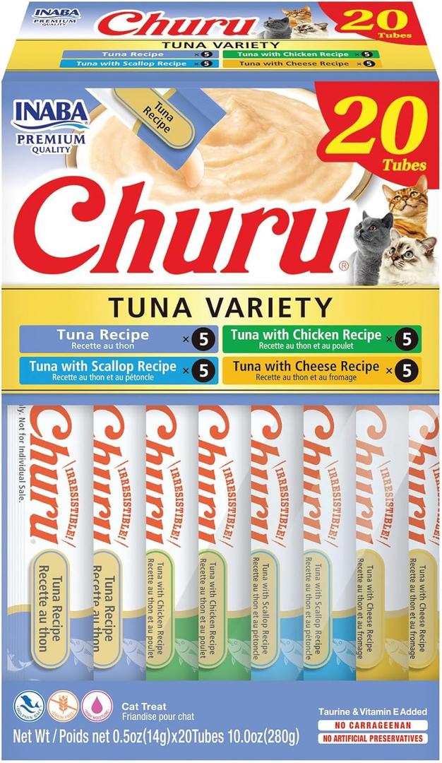 INABA Churu Cat Treats, Lickable, Squeezable Creamy Pure Cat Treat with Green Tea Extract & Taurine, 0.5 Ounces Each Tube, 20 Tubes, Tuna Variety Box