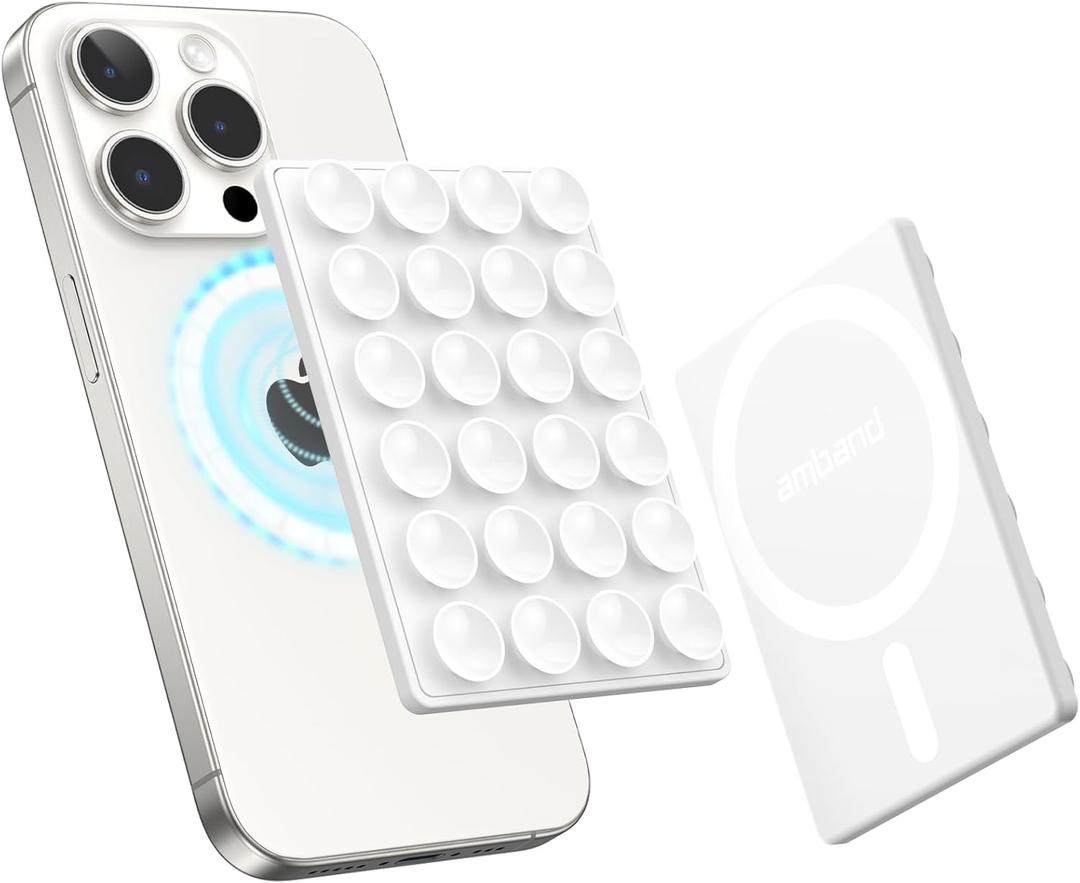 amBand Magnetic Suction Mirror Window Phone Holder, Sticky Grip Double Sided Mount for iPhone, Gym Bathroom Kitchen, Hands-Free for Makeup FaceTime Shower Viewing with MagSafe Accessories, Frost White