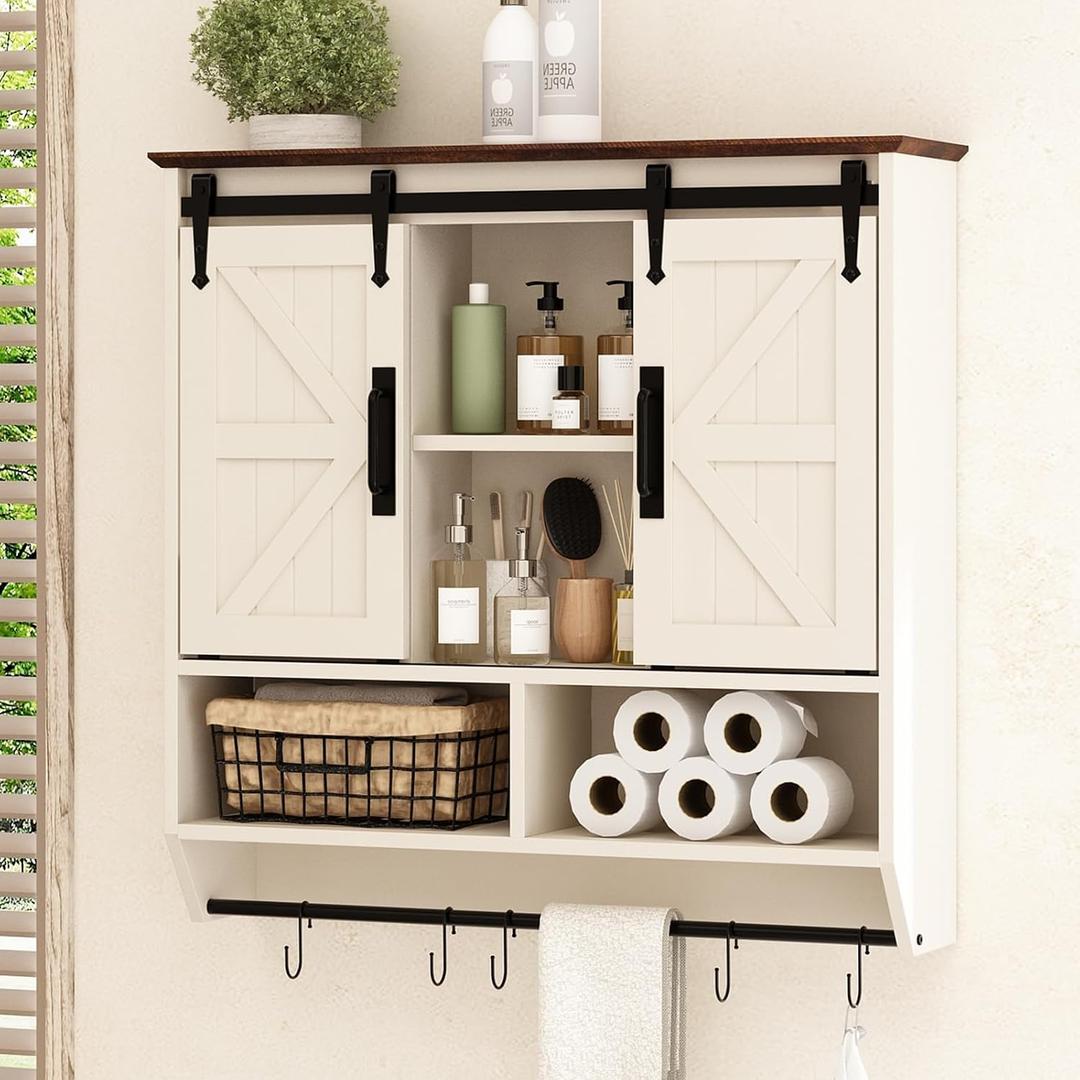 RUSTOWN Farmhouse Bathroom Wall Cabinet,3-Tier Rustic Wood Wall Mounted Cabinets,Vintage Medicine Cabinet with Sliding Barn Door and Adjustable Shelves,Over The Toilet Storage Cabinet (Vintage White)